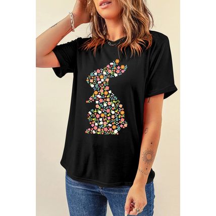 Black Colorful Floral Bunny Graphic Easter T Shirt