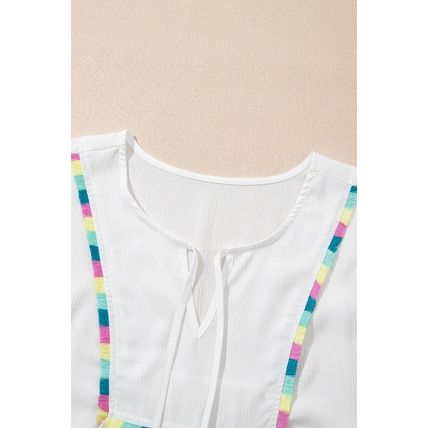 White Colorful Fringed Detail Tassel Tie Neck Short Sleeve Blouse