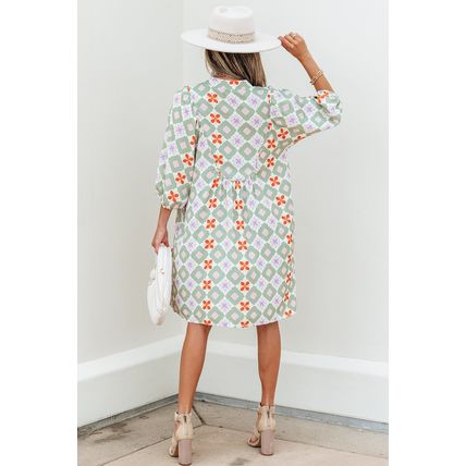 Green Geometric Floral Print 3/4 Sleeve Notched Neck Mini Dress