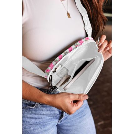 White Flower Print Buckle Wide Strap Sling Bag