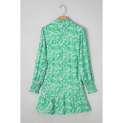 Green Paisley Print Long Sleeve Button Front Tied Waist Mini Dress