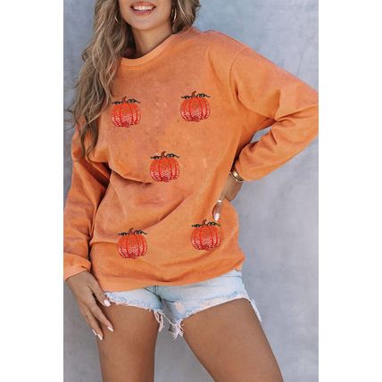 Orange Sequin Pumpkin Patched Twisted Rib Baggy Sweatshirt