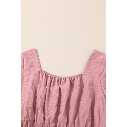 Pink Lace-up Ruched Front Long Sleeve Ruffle Hem Plus Size Midi Dress