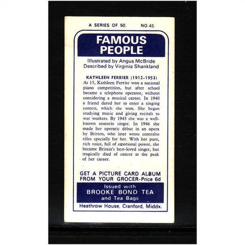 Brook Bond Famous People Kathleen Ferrier Card No 45 Mint