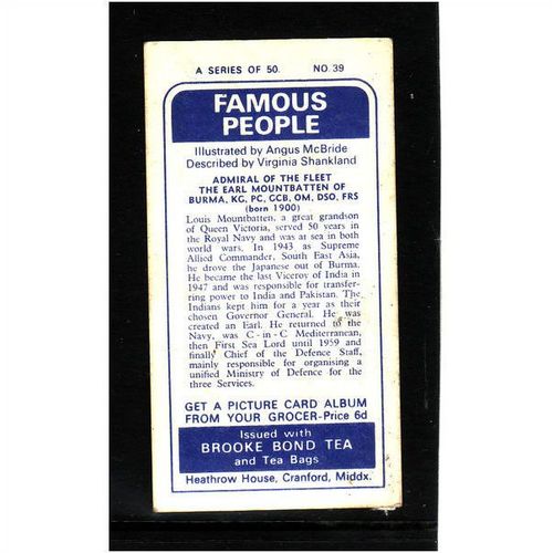 Brook Bond Famous People Earl Mountbatten of Burma Card No 39 Mint
