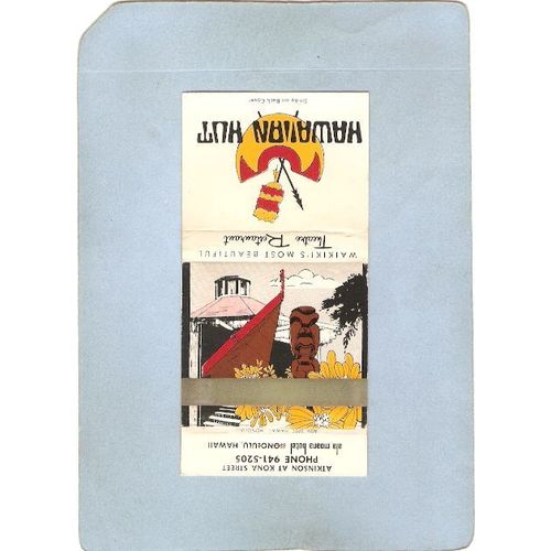 HI Honolulu Matchcover Tiki Hawaiian Hut Waikiki's Most Beautiful Theatre ~49