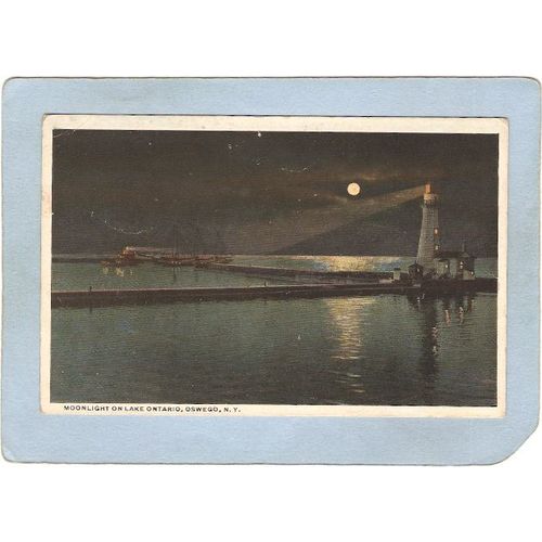 New York Oswego Lighthouse Postcard Lighthouse w/Moonlight On Lake Ontario~799