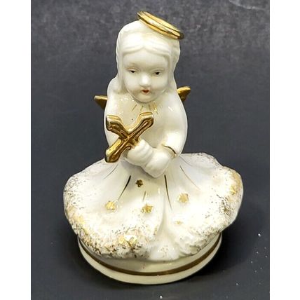 Vintage 3 3/4" Ceramic Figurine Angel Cherub Holding Cross Japan (J11)