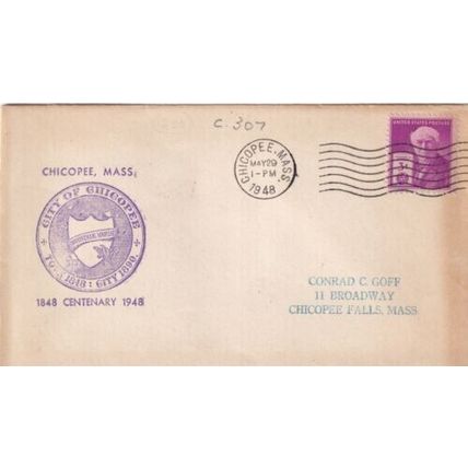 United States 1948 Chicopee MASS Centenary Cover Chicopee cancel typed VGC