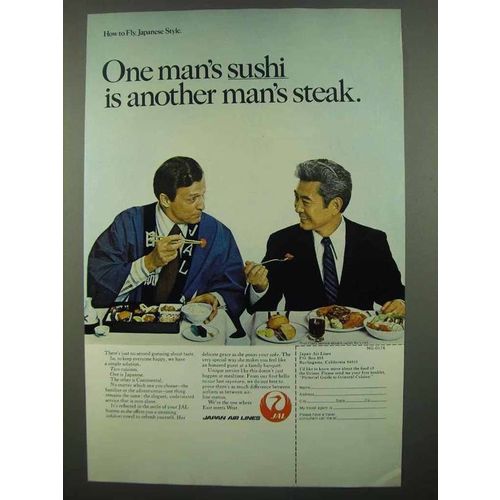 1974 JAL Japan Air Lines Ad - One Man's Sushi