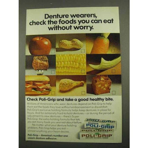 1974 Poli-Grip Denture Adhesive Ad - Check The Foods