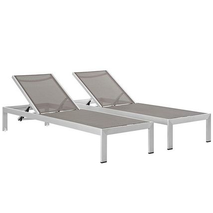 2 Outdoor Lounge Sun Chairs Black, White, Gray Textiline Mesh Brushed Aluminum
