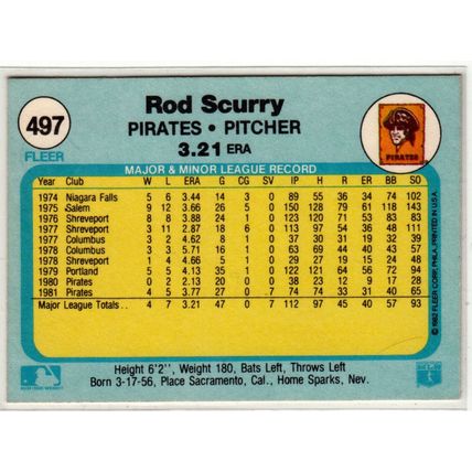 1982 Fleer baseball card 497 Rod Scurry– Pirates