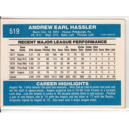 1982 Donruss baseball card 519 Andy Hassler