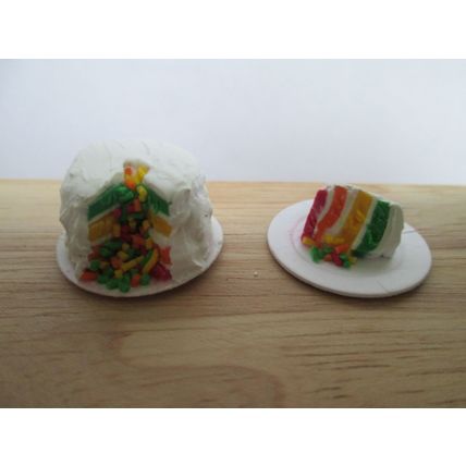 DOLLS HOUSE MINIATURE FOOD RAINBOW CONFETTI CAKE AND SLICE - 12TH SCALE Handmade