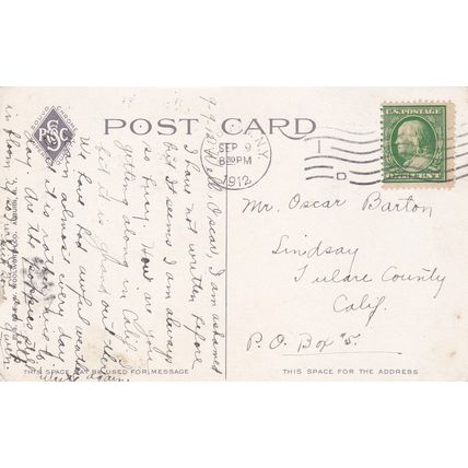 1912 - Auburn, NY to Tulare, CA - Antique Postcard & Stamp - Italian Garden