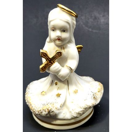 Vintage 3 3/4" Ceramic Figurine Angel Cherub Holding Cross Japan (J11)