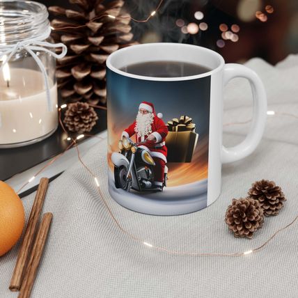 Here Comes Motorcycling Santa Bringing Gifts 11 oz Ceramic Mug Package Delivery