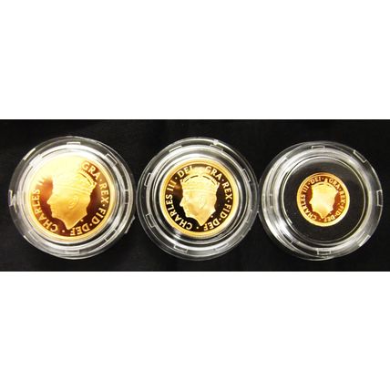 2023 Charles lll Coronation Issue 3 Coin Gold Sovereign set in Royal Mint Case