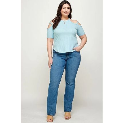 Women's Plus Size, Solid Ribbed Cold Shoulder Top