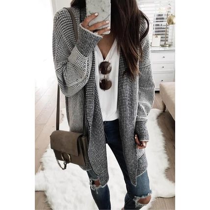 Gray Plaid Knitted Long Open Front Cardigan