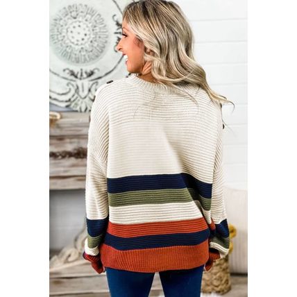 White Buttoned Shoulder Drop Shoulder Striped Sweater