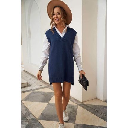 Dark Blue Knit Vest Pullover Sweater