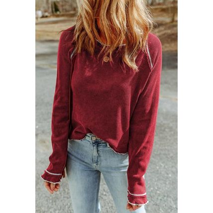Red Textured Round Neck Long Sleeve Top