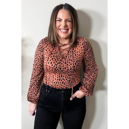 Leopard Plus Size Puff Sleeve V Neck Lace-up Slim Top
