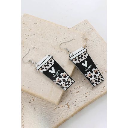 Black Leopard Coffee Print Beverage Cup Shape Earrings