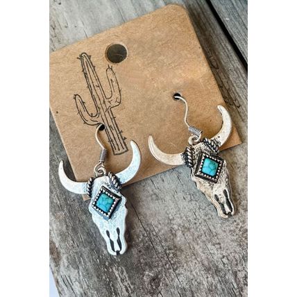 Silver Turquoise Bull Head Western Fashion Earrings