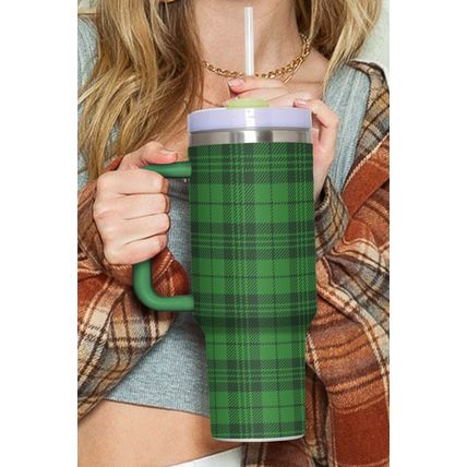 Dark Green Plaid Print Handle Stainless Vacuum Cup 1200ML