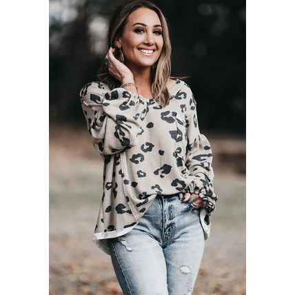 Gray Printed Leopard Balloon Sleeve Thermal Knit Plus Size Top