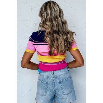 Pink Mixed Stripes Ribbed Knit Top