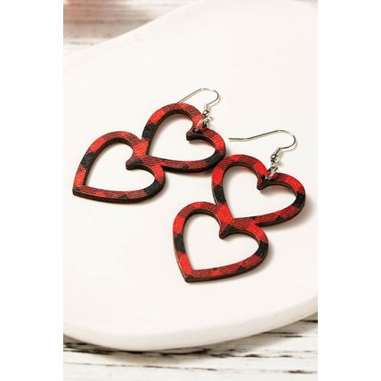 Fiery Red Valentines Day Plaid Double Love Heart Wooden Earrings