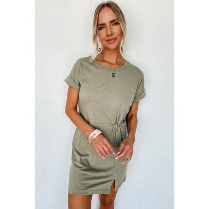 Laurel Green Folded Sleeve Twisted Mini T-Shirt Dress
