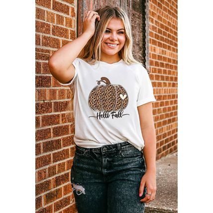 White Hello Fall Leopard Pumpkin Graphic T Shirt
