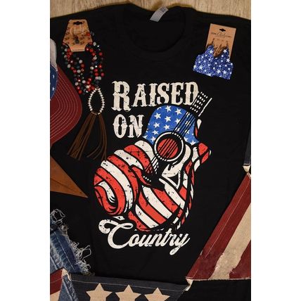 Black Raised On Country USA Flag Guitar Graphic Tee