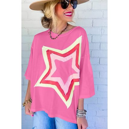 Bonbon Colorblock Star Patched Half Sleeve Oversized Tee