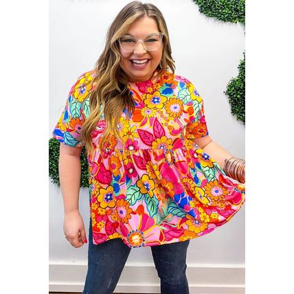 Pink Floral Print Short Sleeve Plus Size Babydoll Blouse