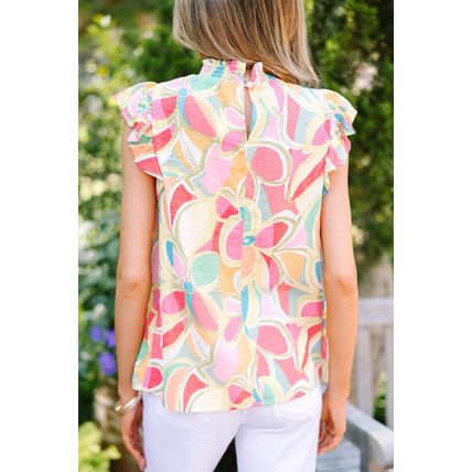 Yellow Abstract Print Smocked Collar Ruffled Sleeve Blouse