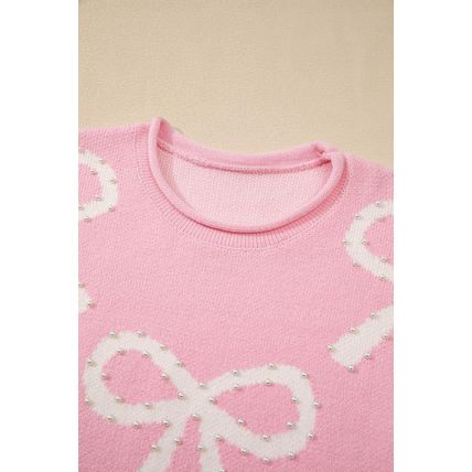 Pink Pearl Beaded Bowknot Pattern Distressed Split Hem Sweater