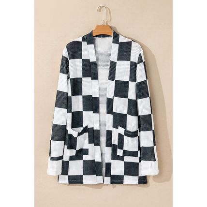 Black Checkered Waffle Knit Thumbhole Open Front Cardigan