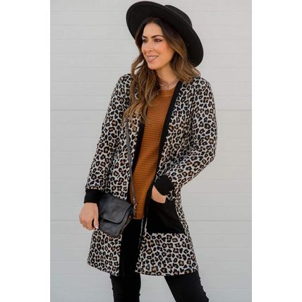 Black Leopard Patched Pocket Open Front Cardigan