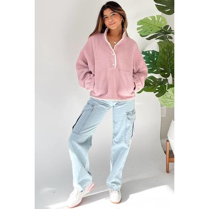 Fushia Stand Neck Half Button Zip Pocket Plush Sweatshirt