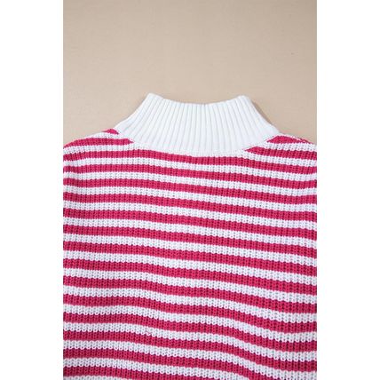 Pink Stripe Zip up Collar Drop Shoulder Sweater