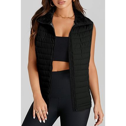 Black Plush Collared Quilted Zipped Puffer Vest