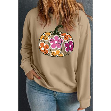 Apricot Plus Size Floral Pumpkin Print O Neck Halloween Sweatshirt