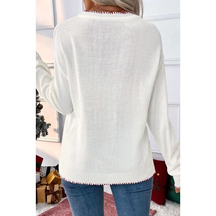 White Bow Pattern Contrast Trim Christmas Loose Graphic Sweater