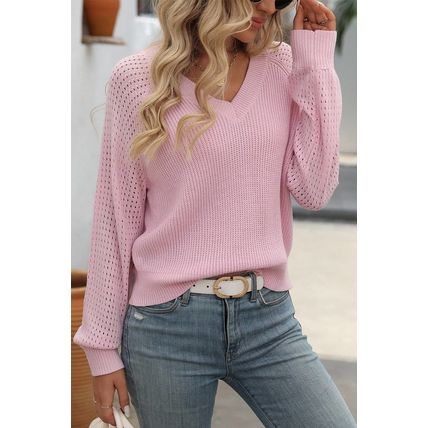 Pink V Neck Knitted Eyelets Raglan Sleeve Sweater